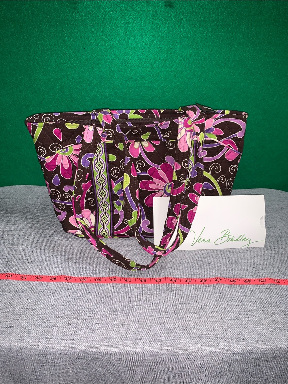 Vera Bradley Brown Quilted Floral Tote with Pink and Green Accents